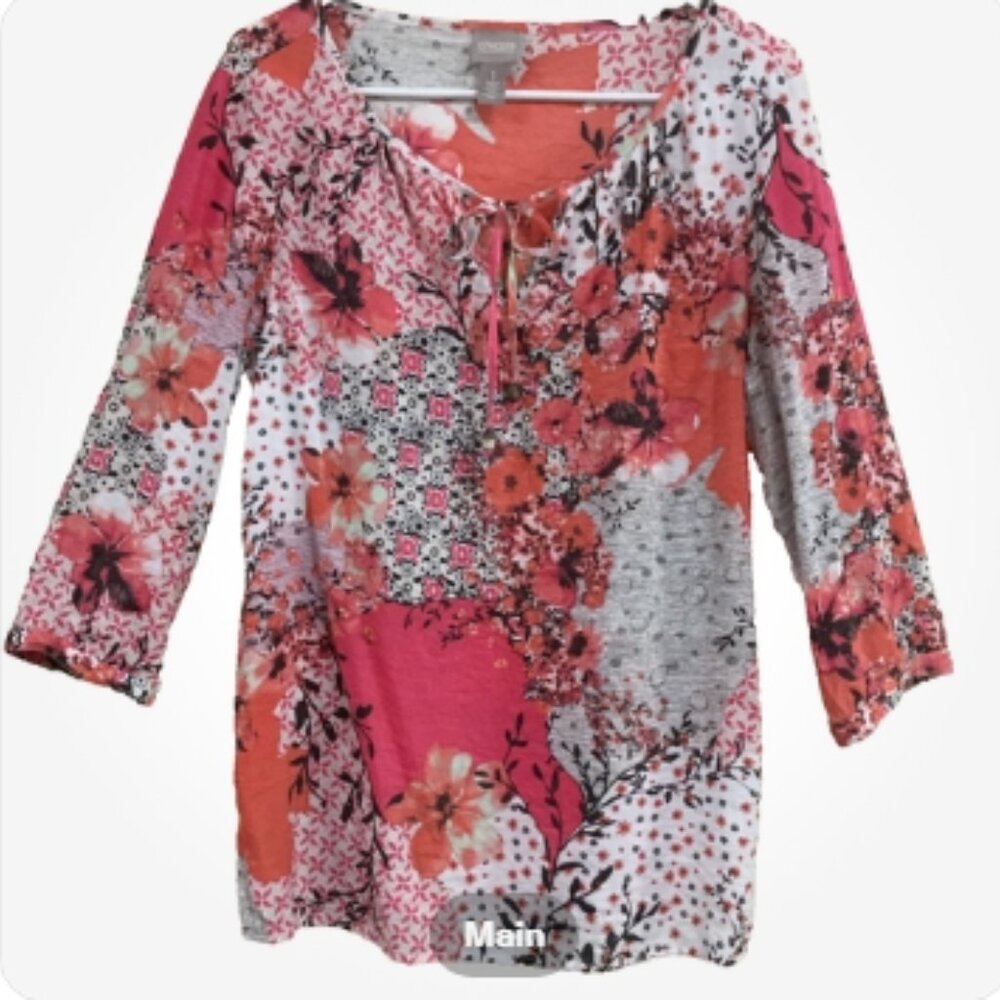 Chico's Women Size 1 = Size 8 Blouse Peasant Top Lightweight Coral Ivory Brown